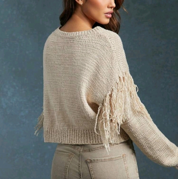 Fringe Sleeve Textured Crewneck Cardigan Sweater - Picture 3 of 4